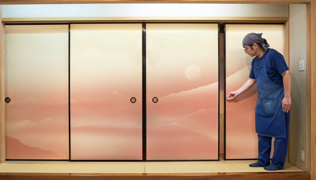Sliding doors with pink sunrise illustration