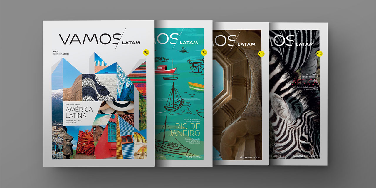 Imágenes de la revista Vamos Latam con portadas destacando destinos de viaje: America Latina, rio de Janeiro, Africa, etc.