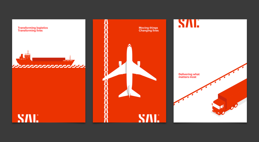 Posters mostrando identidad corporativa de SAL junto a imágenes de logística (aviones, puerto, transporte, etc.)