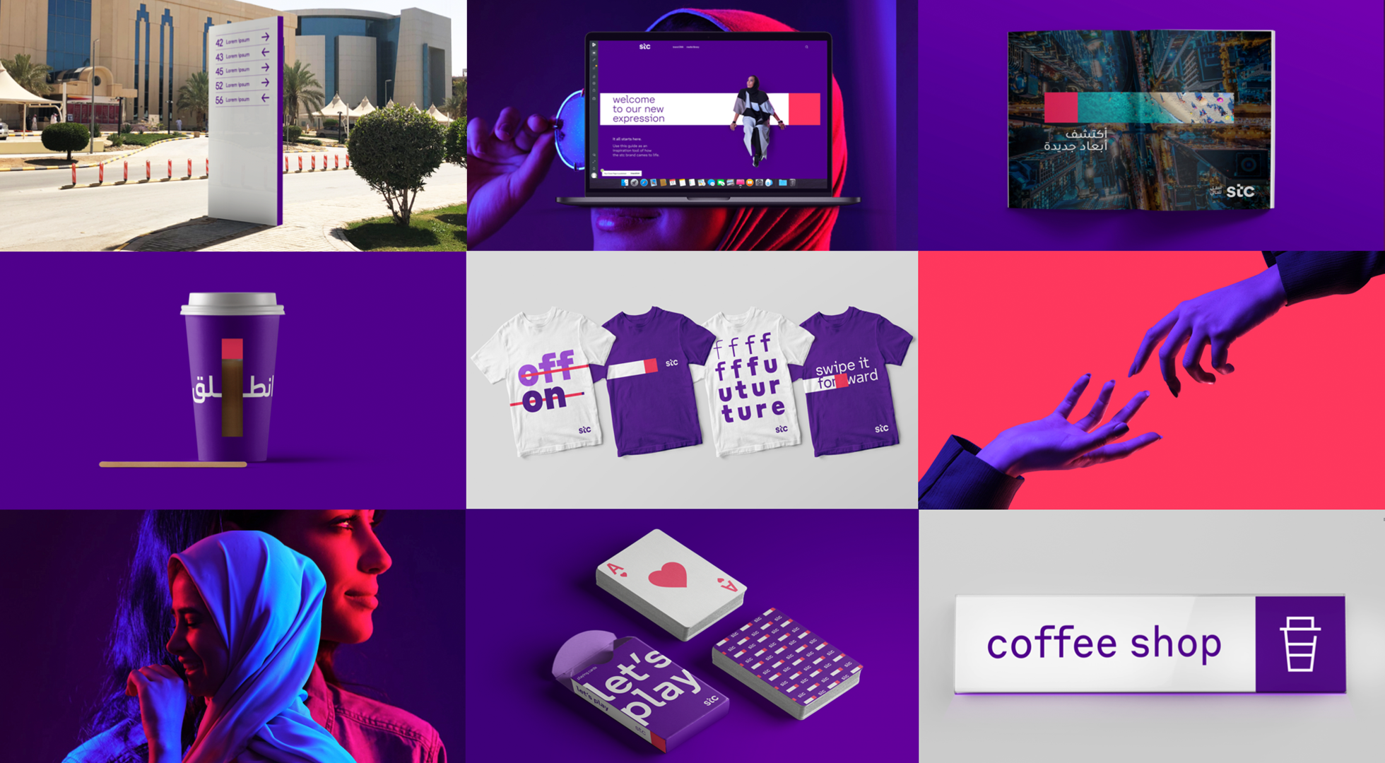 Aplicaciones de marca sobre taza de café, camisetas, cartas, etc. La fotografía juega con el morado y el rojo.