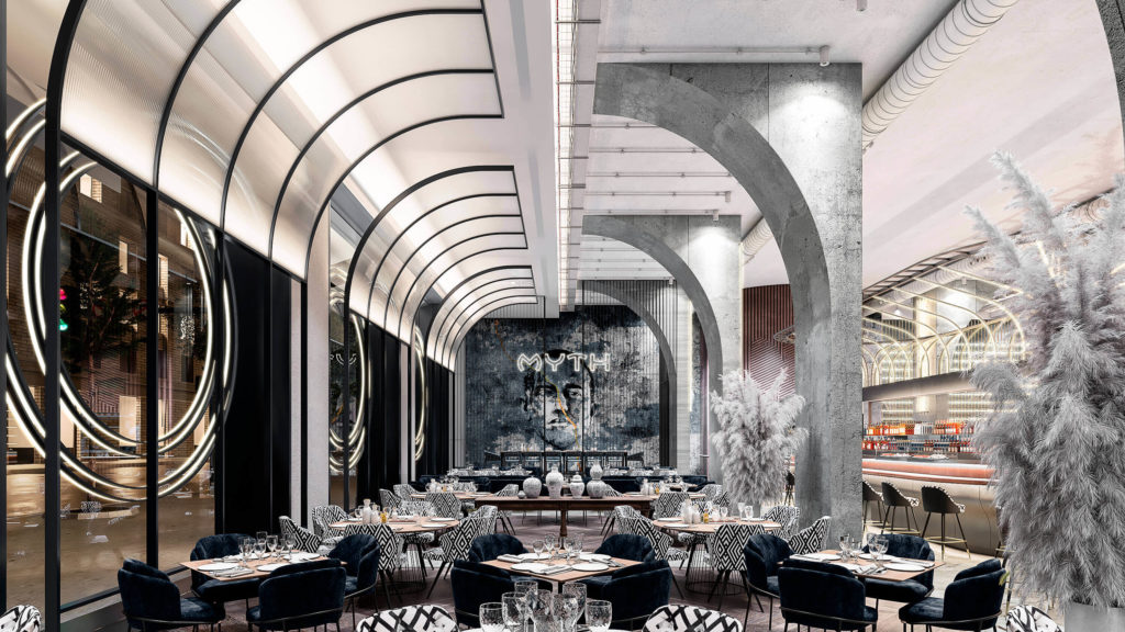 Myth restaurant interior showcasing high ceilings 