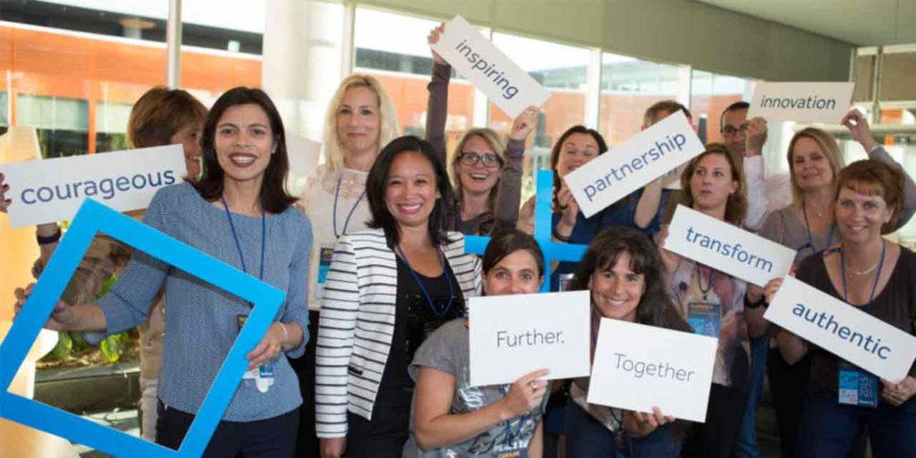 Medtronic team holding up key brand words including courageous, inspiring, partnership