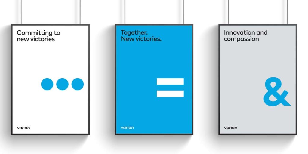 Visual identity across advertisements in blue, white and grey