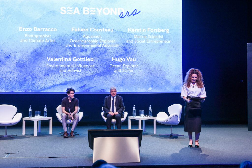 LISBON, PORTUGAL - JUNE 29: Lorenzo Bertelli, Vladimir Ryabinin and Patricia Furtado de Mendonca attend the SEA BEYOND second edition final ceremony at Ciencia Viva Auditorium on June 29, 2022 in Lisbon, Portugal. 