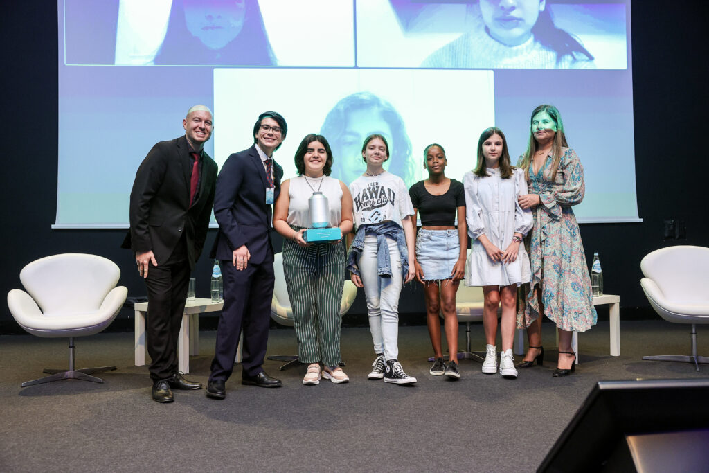 LISBON, PORTUGAL - JUNE 29: Winners of the last edition of the SEA BEYOND Award on stage during the second edition final ceremony at Ciencia Viva Auditorium on June 29, 2022 in Lisbon, Portugal. 